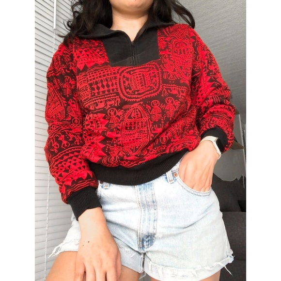 Other - VINTAGE RED TRIBAL PRINT SWEATSHIRT QUARTERZIP